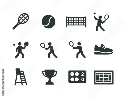 Tennis Icons Grid. Tennis. Solid icon set of tennis: tennis racket, tennis ball, net, serve, volley, backhand, forehand, tennis shoes, umpire chair, trophy,