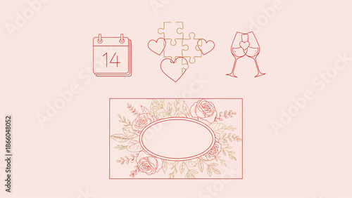 Valentine's Day celebration icons and floral card design