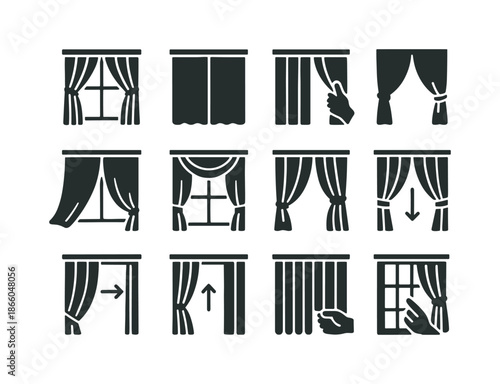Curtain Movement Icons. Curtain movement. Solid icon set of curtain movement: opening, closing, pulling, tying, swaying, draping, folding, gathering, sliding,