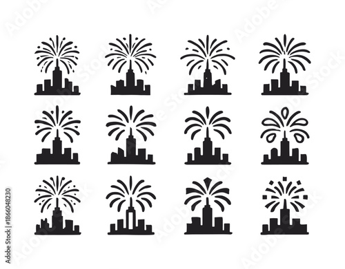 Fireworks Skyline Icons. Holiday fireworks exploding over a city skyline. Icon set. Set Logo of Holiday fireworks exploding over a city skyline: city tower