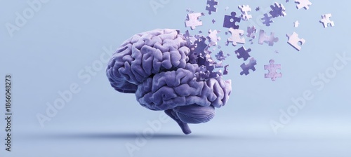 Alzheimer awareness day, dementia diagnosis, Parkinson disease, memory loss disorder, brain with purple puzzle or jigsaw pieces, damaged mind