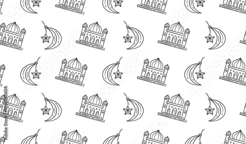 Ramadan mosque hand drawn illustration background. Islamic mosque, crescent moon and star doodle seamless pattern vector. Sketch style outline art muslim cartoon icon tiled background.