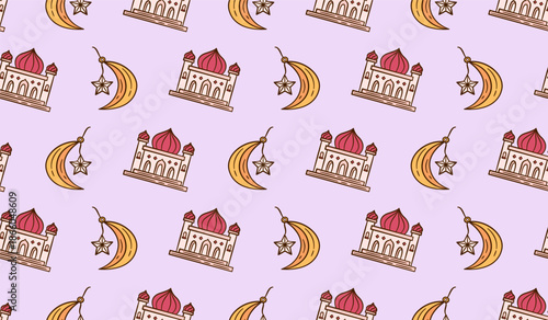 Ramadan mosque hand drawn illustration background. Islamic mosque, crescent moon and star doodle seamless pattern vector. Sketch style colored line art muslim cartoon icon tiled background.
