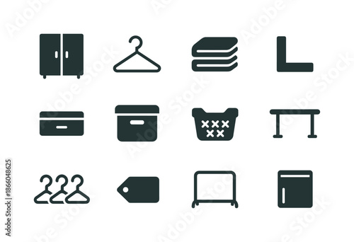 Closet Reorganization Icons. Closet reorganization. Solid icon set of closet reorganization: closet icon, hangers, folded stack, shelf divider, drawer, storage