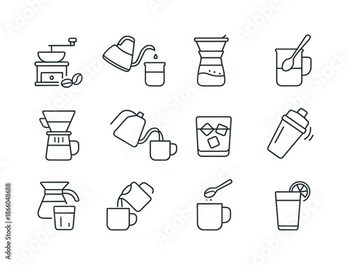 Coffee Brewing Icons. Coffee brewing steps. Line icon set of Coffee brewing steps: grind beans, add water, steep, stir, filter, pour, add ice, shake, pour into