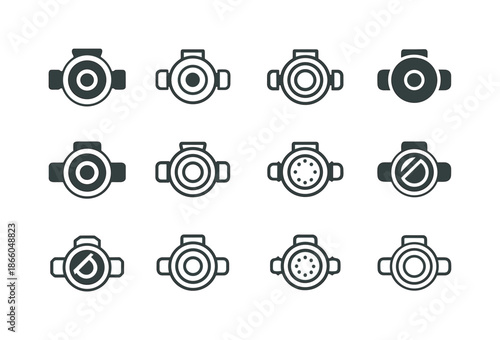 Scuba Gear Icons. Scuba Gear. Icon set. Set Logo of Scuba Gear: regulator. harmonious logo variations of the same emblematic concept, each with different