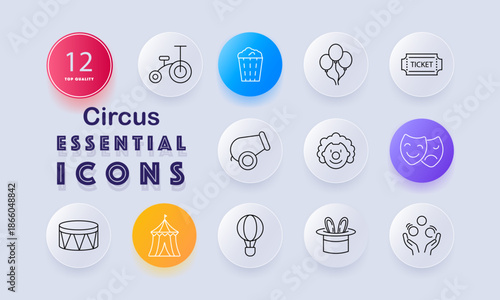 Circus set icon. Unicycle, popcorn, balloons, ticket, cannon, clown, theater masks, drum, tent, hot air balloon, magician hat, juggling hands
