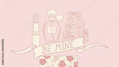 Valentine's Day gifts and beauty products with 'Be Mine' banner