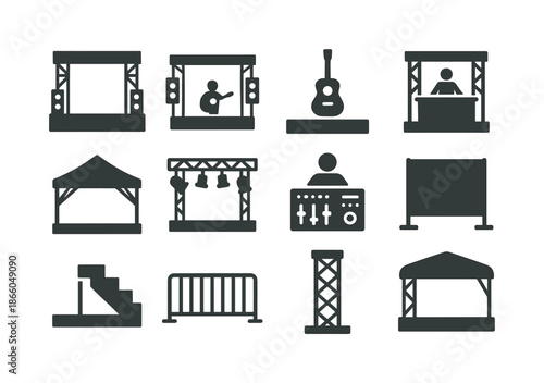 Festival Stages Icons. Festival stages. Solid icon set of Festival stages: main stage, side stage, acoustic stage, DJ stage, dance tent, lighting