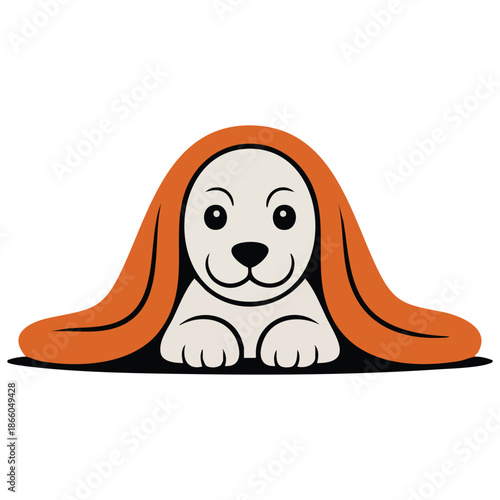 cute cartoon dog hiding under soft yellow blanket flat vector pet illustration for kids isolated on white