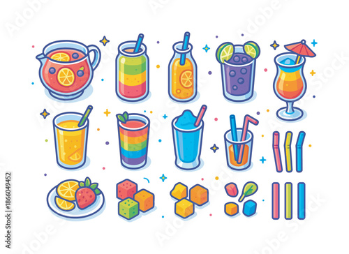 Colorful Refreshment Icons. Colorful Refreshments. Colorful isometric vector icons set of Colorful Refreshments: fruit punch, layered smoothie, citrus soda,