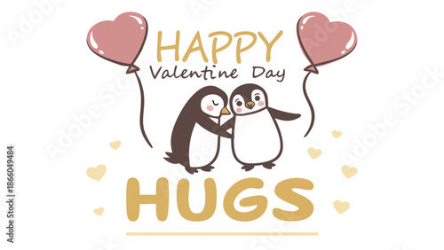 Cute penguins sharing Valentine's Day hug with heart balloons