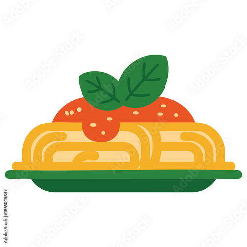 delicious cartoon plate of spaghetti with tomato sauce and basil isolated flat vector food style illustration