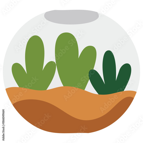 flat cartoon illustration of small glass terrarium with green plants sandy ground rock decoration vector