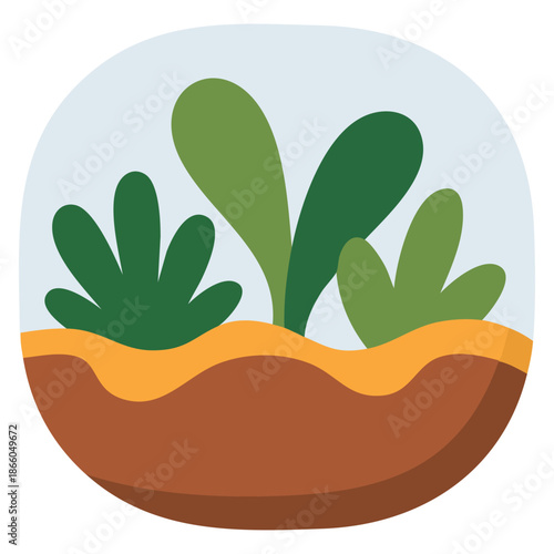 glass terrarium with green plants sandy ground rock decoration flat cartoon illustration vector isolated