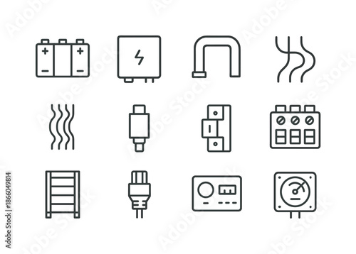 Energy Storage Icons. Energy storage components. Line icon set of energy storage components: battery module, inverter box, cooling pipe, wiring harness,