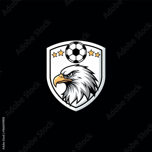 Eagle head logo with soccer ball and stars emblem design.