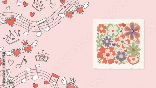 Vibrant floral pattern with music notes and hearts on pink background