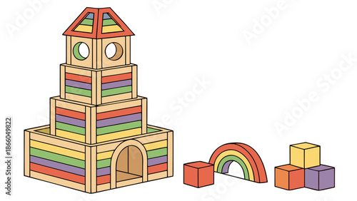 Colorful wooden toy blocks and rainbow shape on white background