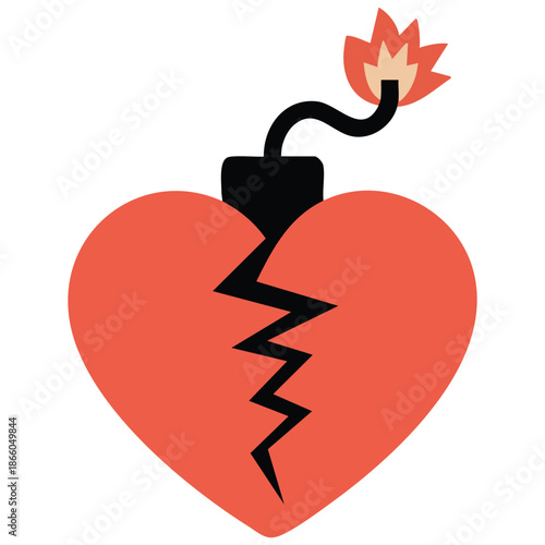 heart shaped bomb with flame flat cartoon symbol of passion explosive feminine power vector illustration