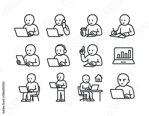 Multitasking Line Icons. Multitasking Professionals Working on Laptops. Line icon set of Multitasking Professionals Working on Laptops: typing on laptop,