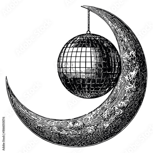 Line art illustration of a disco ball hanging from a crescent moon depicting a magical party scene for nightlife
