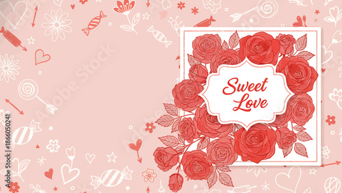 Sweet Valentine's Day card with roses and candies on pink background