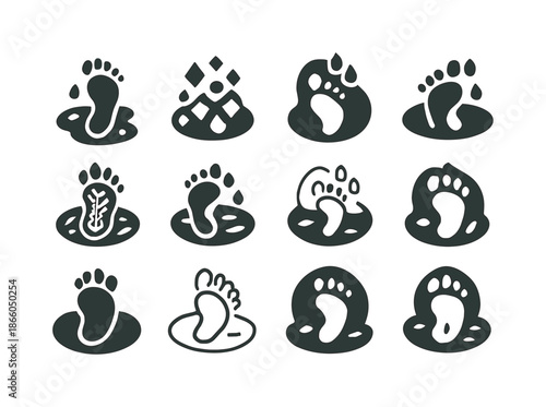 Rainy Footprint Logos. Rain-soaked earth. Icon set. Set Logo of rain-soaked earth: Footprint in wet soil. harmonious logo variations of the same emblematic