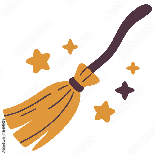 halloween witch broomstick with orange handle and stars spooky holiday vector illustration isolated on white
