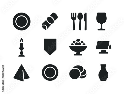 Festive Table Icons. Festive table setting. Solid icon set of festive table setting: plate set, napkin ring, cutlery set, wine glass, candle stick, table