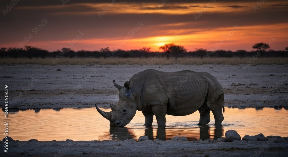 Fototapeta premium A rhino drinks at a waterhole as the sun sets over the African savanna