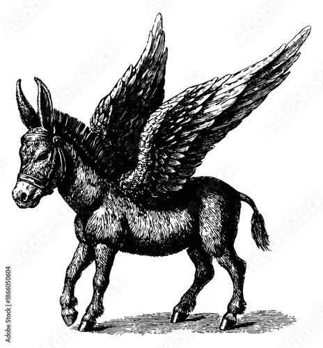 Vintage engraved illustration of a winged donkey depicting a mythical creature for fantasy and impossible ideas