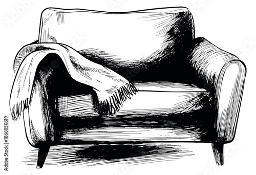 Hand drawn line art illustration of an armchair depicting a cozy blanket draped over it for home decor