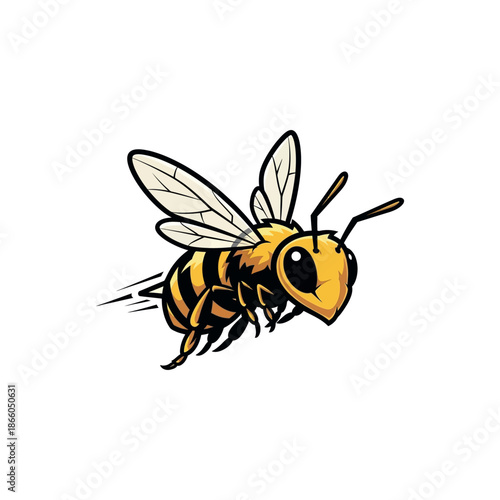Cartoon illustration of a flying yellow and black bee.