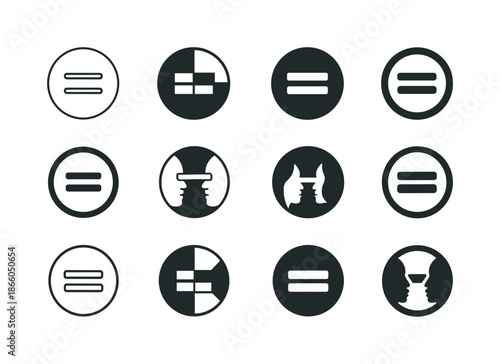 Racial Equality Icons. Racial Equality. Icon set. Set Logo of Racial Equality: equality symbol in circle. harmonious logo variations of the same emblematic