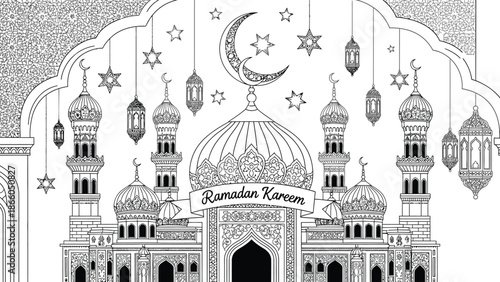 Intricate line art illustration showcases a mosque adorned with crescent moon and star decorations conveying the spirit of ramadan set against a clean white backdrop