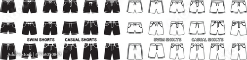Vector set of swim, casual, and cargo shorts icons in black silhouette and outline isolated PNG with Transparent Background