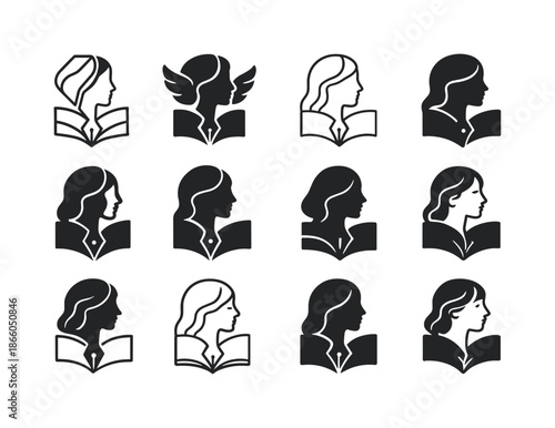 Novelist Emblem Variations. Novelist?s craft. Icon set. Set Logo of Novelist?s craft: literary muse. harmonious logo variations of the same emblematic concept,