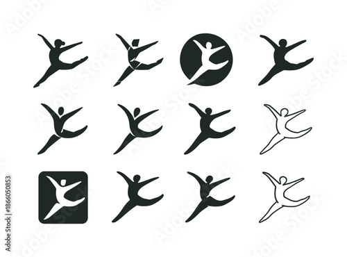 Modern Dance Logo Variations. A dancer practicing modern dance moves in an open studio. Icon set. Set Logo of a dancer practicing modern dance moves in an open