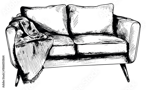 Hand drawn line art illustration of a two-seater sofa with a blanket depicting comfort for interior design