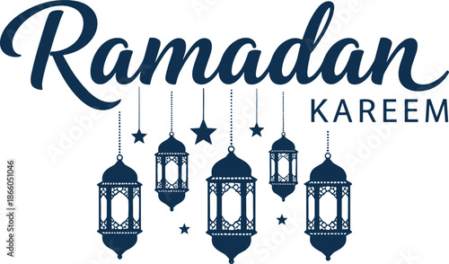 Elegant dark navy Ramadan Kareem typographic vector featuring hanging traditional lanterns and small stars on a white background.
