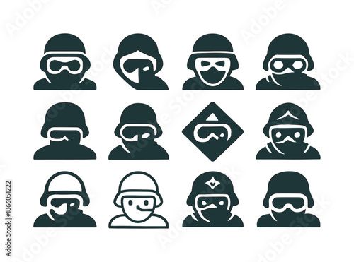 Enemy Soldiers Icons. Enemy soldiers hiding. Icon set. Set Logo of Enemy soldiers hiding: night vision mask symbol. harmonious logo variations of the same