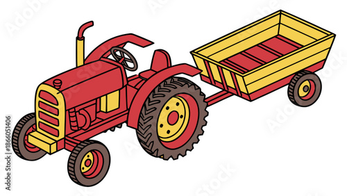 Vintage red tractor with yellow trailer on white background