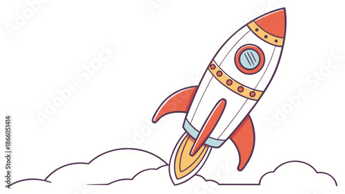 Vibrant cartoon rocket ship blasting off into the sky
