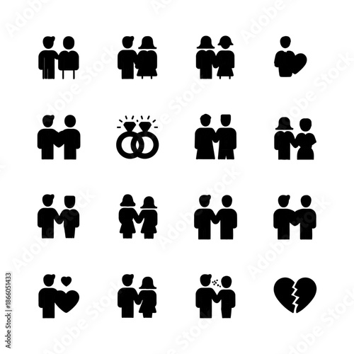 Illustration of various relationship stages and emotions depicted through simple black icons on a white background