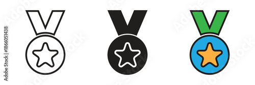 Achievement medal icons with a star symbol, representing first-place winners, academic excellence, sports awards, and professional employee recognition programs.