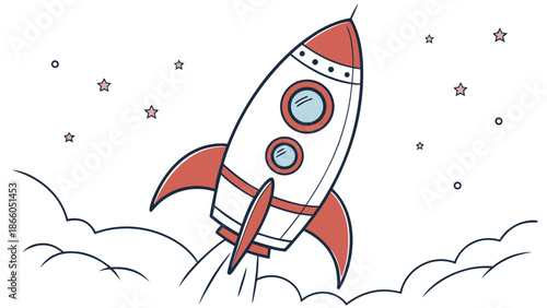 Vibrant cartoon rocket ship blasting off into starry night sky