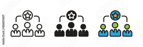 Leadership and team management icons with a star, perfect for representing elite workgroups, professional hierarchy, and successful business organization structures.