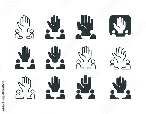 Non-verbal Icons Grid. Non-verbal communication in interviews. Icon set. Set Logo of Non-verbal communication in interviews: hand movement. harmonious logo