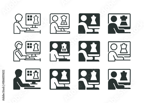 Fashion Software Icon Set. A designer creating a new collection on a computer with fashion design software. Icon set. Set Logo of A designer creating a new